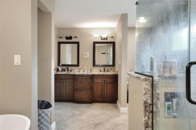 1300 Ariana Woods Cir, Auburndale, FL 33823 - bathroom featuring double vanity, a stall shower, a freestanding tub, and marble look tile flooring
