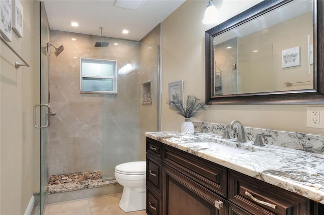 1300 Ariana Woods Cir, Auburndale, FL 33823 - bathroom with a shower stall, vanity, tile patterned flooring, and recessed lighting