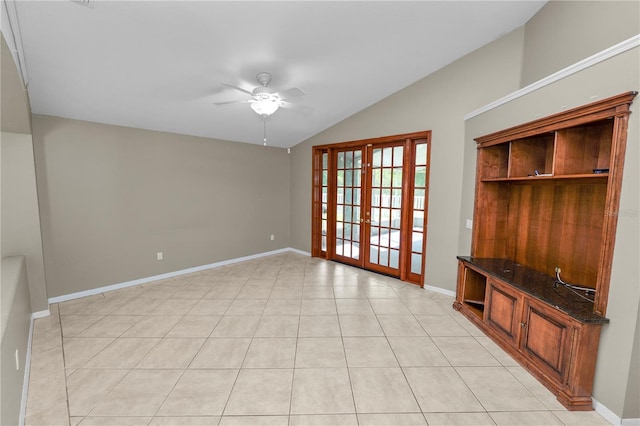 16804 Hawkridge Rd, Lithia, FL 33547 - unfurnished living room featuring french doors, lofted ceiling, ceiling fan, baseboards, and light tile patterned floors