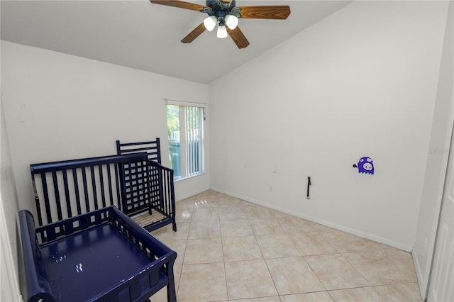 16804 Hawkridge Rd, Lithia, FL 33547 - bedroom featuring vaulted ceiling, tile patterned floors, baseboards, and ceiling fan