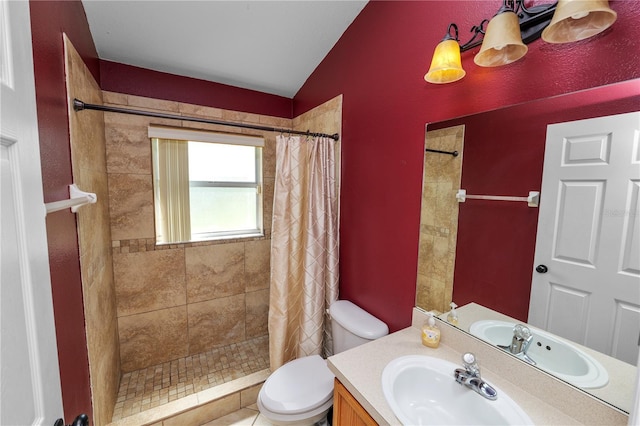 16804 Hawkridge Rd, Lithia, FL 33547 - full bath with lofted ceiling, toilet, tiled shower, and vanity