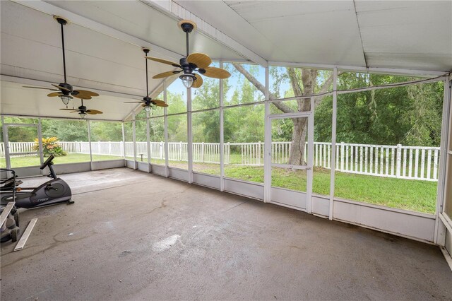 16804 Hawkridge Rd, Lithia, FL 33547 - unfurnished sunroom featuring ceiling fan, plenty of natural light, and lofted ceiling