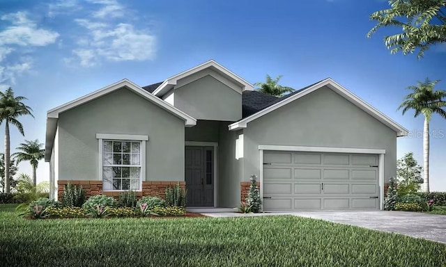 569 Silver Course Radl, Ocala, FL 34472 - view of front of house with a garage, stucco siding, driveway, stone siding, and a front lawn