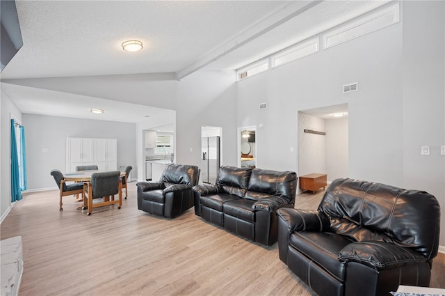 3080 Cross Fox Dr, Mulberry, FL 33860 - living area featuring light wood-type flooring, healthy amount of natural light, high vaulted ceiling, a textured ceiling, and baseboards