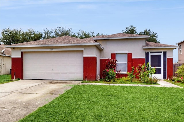 7337 Hunters Greene Cir, Lakeland, FL 33810 - view of front of property with stucco siding, a front lawn, driveway, a shingled roof, and an attached garage