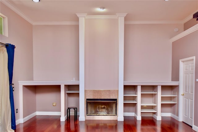 943 Hamilton Place Ln, Lakeland, FL 33813 - unfurnished living room featuring wood finished floors, ornamental molding, and a fireplace