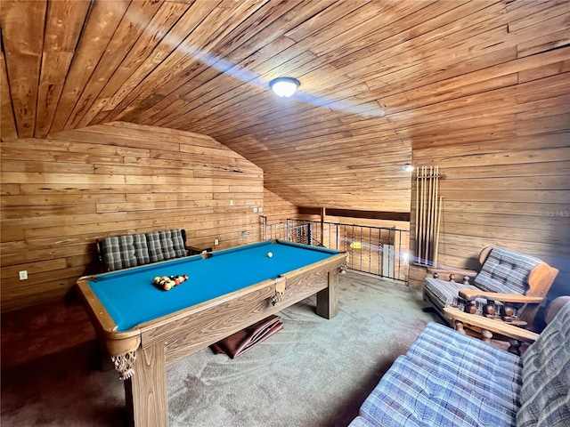 8504 N Campbell Rd, Lakeland, FL 33810 - game room featuring wooden walls, vaulted ceiling, wooden ceiling, carpet, and billiards