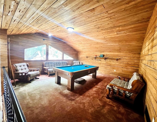 8504 N Campbell Rd, Lakeland, FL 33810 - game room featuring wood walls, wooden ceiling, vaulted ceiling, billiards table, and carpet