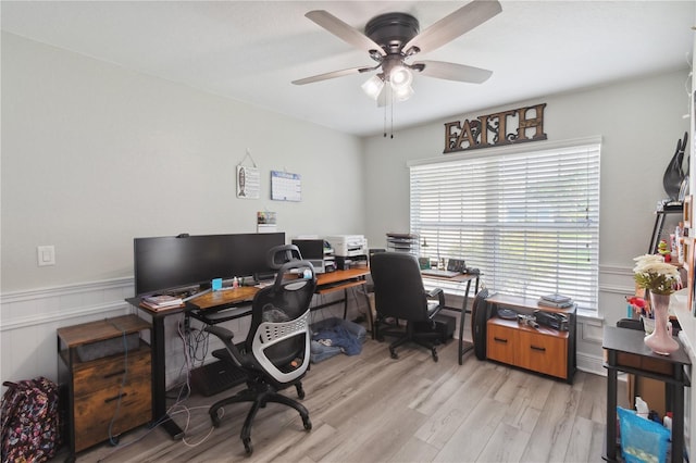 1531 Blue Sky Blvd, Haines City, FL 33844 - office with a ceiling fan, light wood-style floors, a wainscoted wall, and a decorative wall
