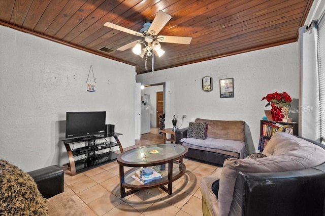 320 W Carver St, Lakeland, FL 33805 - living room with wood ceiling, light tile patterned floors, a ceiling fan, and a textured wall