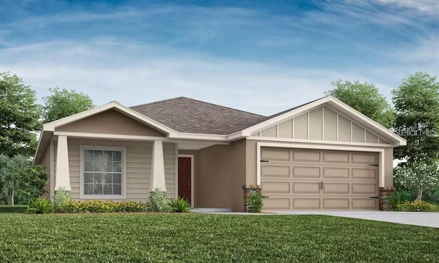 877 Cypress Creek Run, Saint Cloud, FL 34771 - view of front of home featuring an attached garage, a front yard, driveway, roof with shingles, and board and batten siding