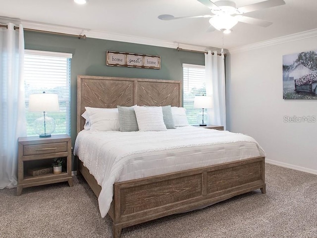 877 Cypress Creek Run, Saint Cloud, FL 34771 - bedroom featuring carpet flooring, ornamental molding, baseboards, and a ceiling fan