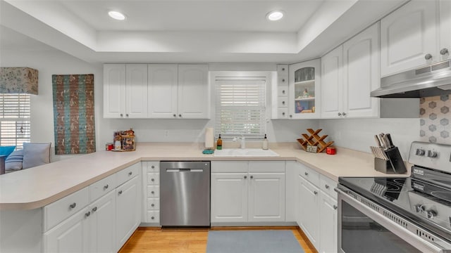 1910 Clubhouse Rd, Lakeland, FL 33813 - kitchen with stainless steel appliances, under cabinet range hood, a peninsula, a sink, and a tray ceiling