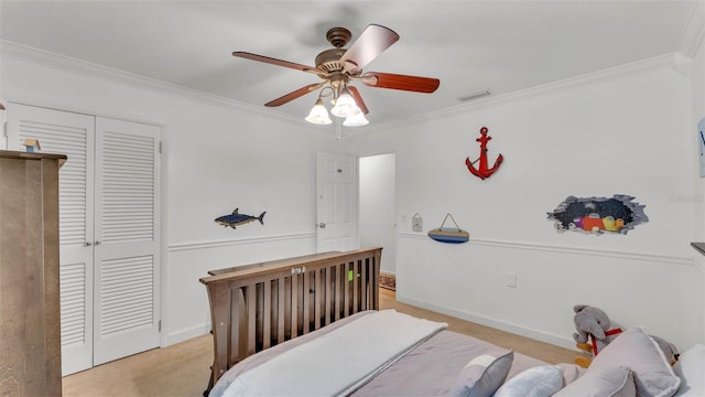 1910 Clubhouse Rd, Lakeland, FL 33813 - bedroom with ornamental molding, a closet, baseboards, light colored carpet, and ceiling fan