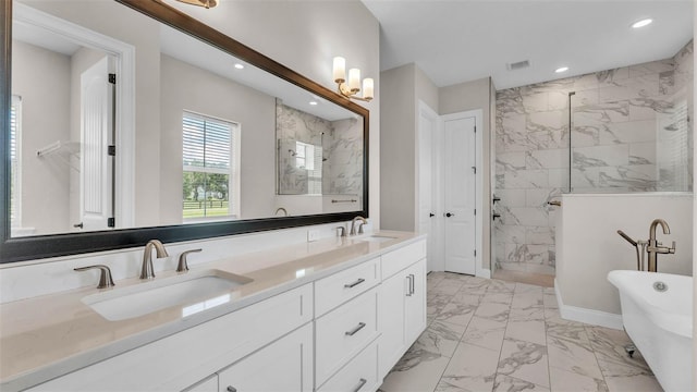1385 Ewell Rd, Lakeland, FL 33811 - full bath featuring marble look tiles, a marble finish shower, a freestanding tub, double vanity, and recessed lighting