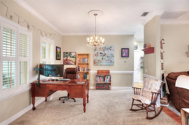 1145 Denton St, Lakeland, FL 33803 - carpeted home office with a chandelier and crown molding