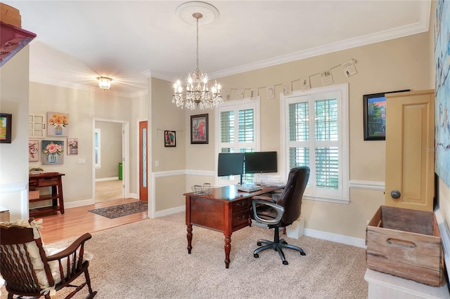 1145 Denton St, Lakeland, FL 33803 - office area featuring crown molding, a chandelier, and carpet floors