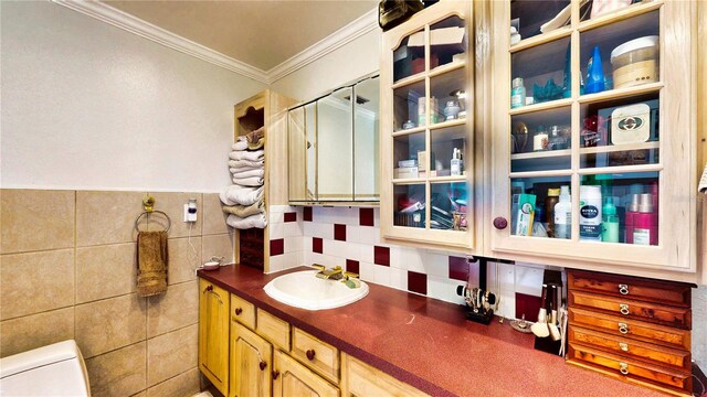 2333 Cheshire Pl, Lakeland, FL 33810 - full bathroom featuring ornamental molding, vanity, tile walls, and tasteful backsplash