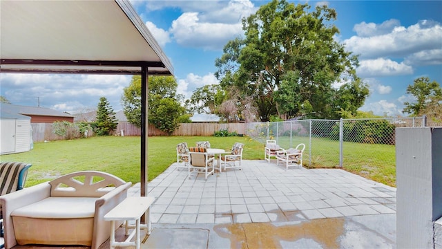 2333 Cheshire Pl, Lakeland, FL 33810 - fenced backyard featuring a patio and a storage shed