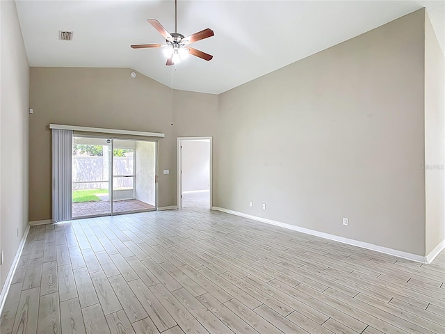 3806 Osprey Pointe Cir, Winter Haven, FL 33884 - spare room with high vaulted ceiling, ceiling fan, and light wood-style flooring