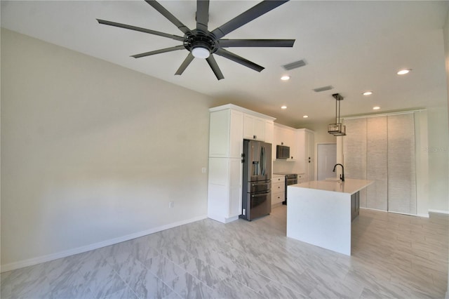 4188 Muirfield Loop, Lake Wales, FL 33859 - kitchen featuring stainless steel appliances, ceiling fan, recessed lighting, light countertops, and white cabinetry