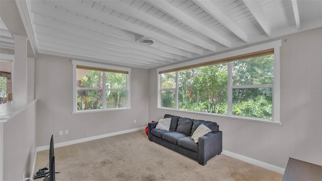 4219 Forest Hills Dr, Lakeland, FL 33813 - living area with beamed ceiling, carpet floors, and wood walls