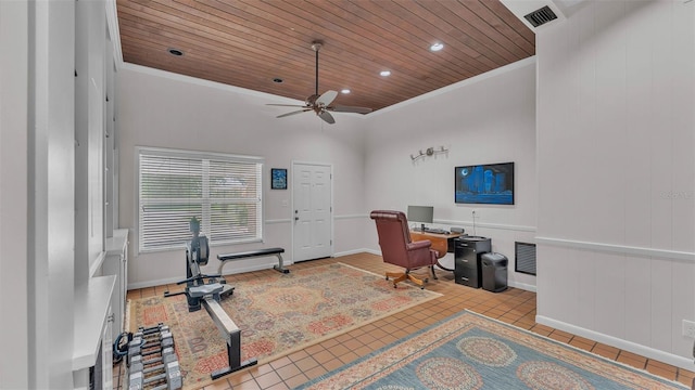 4219 Forest Hills Dr, Lakeland, FL 33813 - tiled office with wood ceiling, ceiling fan, ornamental molding, and recessed lighting