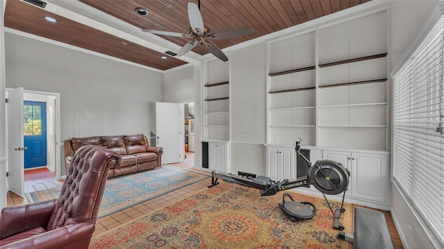 4219 Forest Hills Dr, Lakeland, FL 33813 - living area featuring built in features, crown molding, wood ceiling, a ceiling fan, and recessed lighting