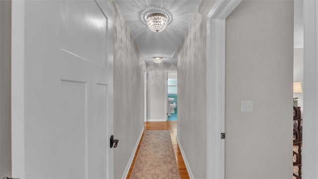 4219 Forest Hills Dr, Lakeland, FL 33813 - corridor featuring wood finished floors and a chandelier