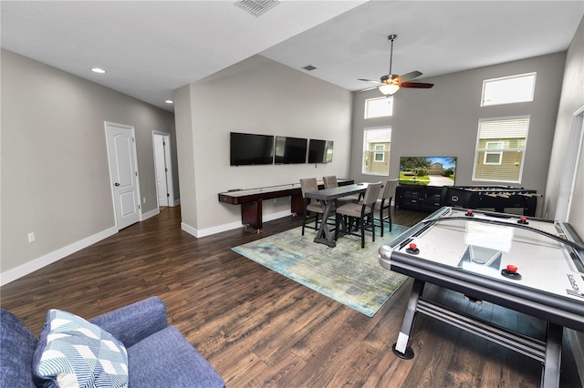 228 Magneta Loop, Auburndale, FL 33823 - rec room with wood finished floors, a ceiling fan, recessed lighting, and a high ceiling