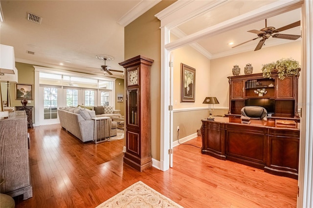 1589 Royal Forest Ct, Lakeland, FL 33811 - office with a ceiling fan, ornamental molding, and light wood-style flooring