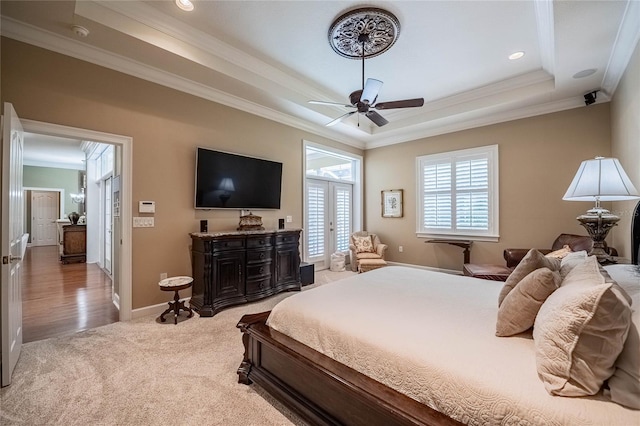 1589 Royal Forest Ct, Lakeland, FL 33811 - bedroom with crown molding, a raised ceiling, carpet flooring, recessed lighting, and ceiling fan