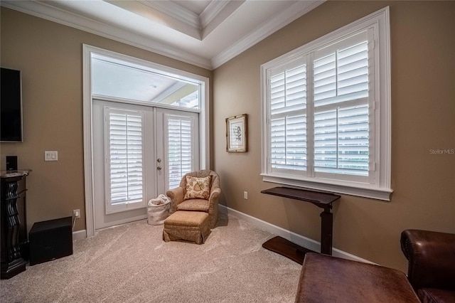 1589 Royal Forest Ct, Lakeland, FL 33811 - sitting room featuring crown molding, carpet flooring, and a tray ceiling