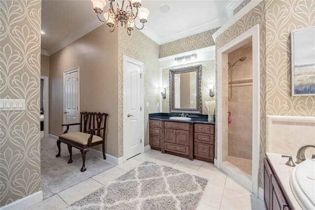 1589 Royal Forest Ct, Lakeland, FL 33811 - bathroom with wallpapered walls, crown molding, vanity, tiled shower, and a chandelier
