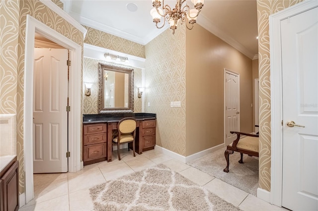 1589 Royal Forest Ct, Lakeland, FL 33811 - bathroom featuring wallpapered walls, crown molding, vanity, a chandelier, and tile patterned flooring