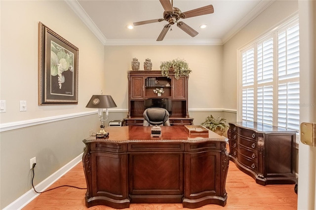 1589 Royal Forest Ct, Lakeland, FL 33811 - office area featuring ceiling fan, light wood-type flooring, ornamental molding, and recessed lighting