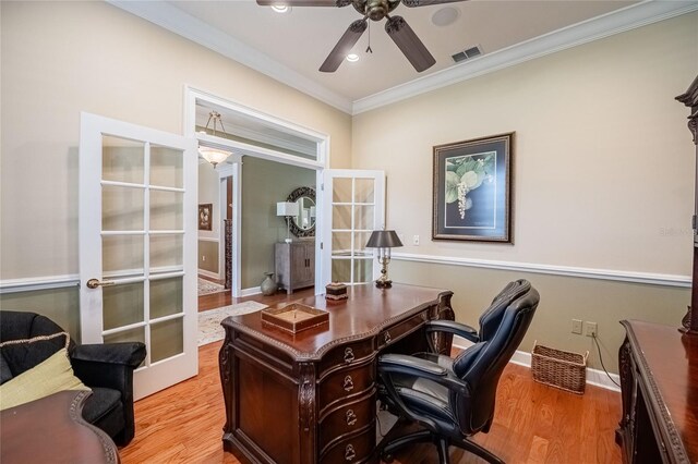 1589 Royal Forest Ct, Lakeland, FL 33811 - office space with ornamental molding, light wood finished floors, a ceiling fan, french doors, and recessed lighting