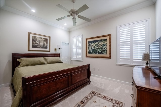 1589 Royal Forest Ct, Lakeland, FL 33811 - bedroom with carpet floors, multiple windows, crown molding, recessed lighting, and ceiling fan