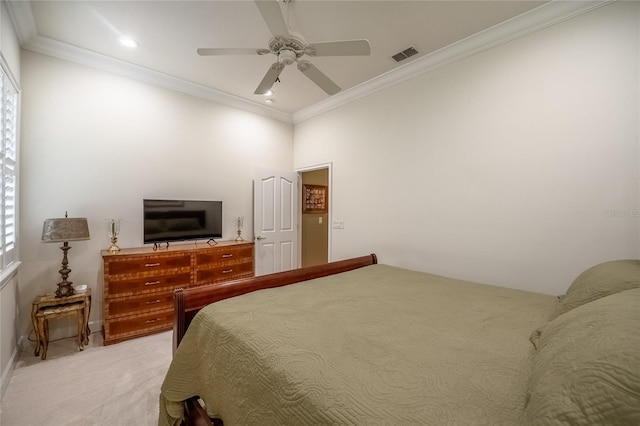 1589 Royal Forest Ct, Lakeland, FL 33811 - bedroom with light colored carpet, crown molding, a ceiling fan, and recessed lighting