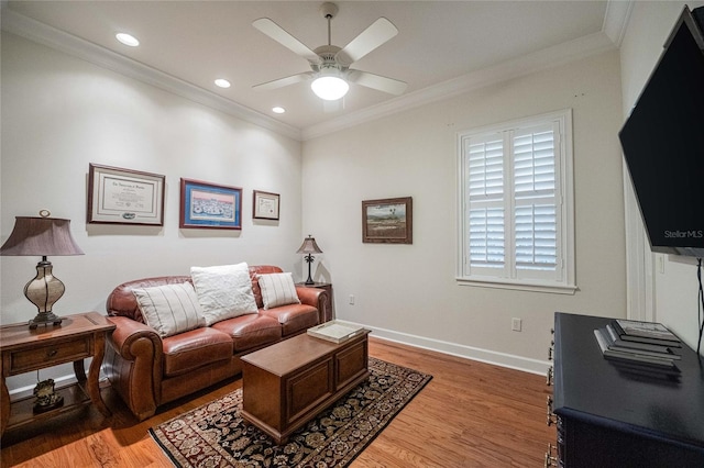 1589 Royal Forest Ct, Lakeland, FL 33811 - living room with ceiling fan, light wood-style flooring, crown molding, and recessed lighting