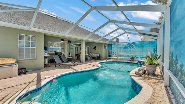 2817 High Winds Ln, Lakeland, FL 33813 - swimming pool with outdoor lounge area, a patio, a ceiling fan, french doors, and glass enclosure
