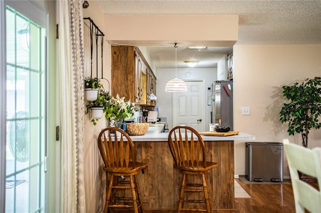 6920 Newman Cir E, Lakeland, FL 33811 - bar area with freestanding refrigerator, a textured ceiling, plenty of natural light, dark wood-type flooring, and under cabinet range hood
