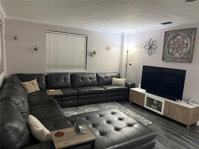 4818 Huron St, Zephyrhills, FL 33541 - living room with ornamental molding and dark wood-style floors