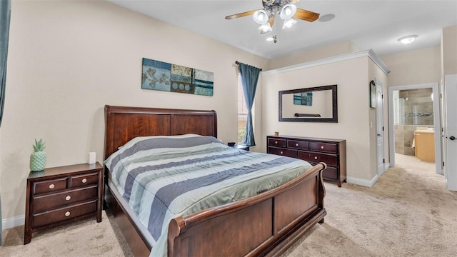 6757 High Grove Dr, Lakeland, FL 33813 - bedroom featuring light colored carpet, ceiling fan, and ensuite bathroom
