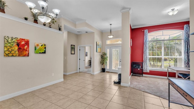 6757 High Grove Dr, Lakeland, FL 33813 - entrance foyer featuring light tile patterned flooring, plenty of natural light, a chandelier, light carpet, and crown molding