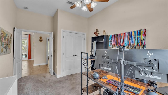 6757 High Grove Dr, Lakeland, FL 33813 - office with a ceiling fan, carpet floors, and tile patterned flooring