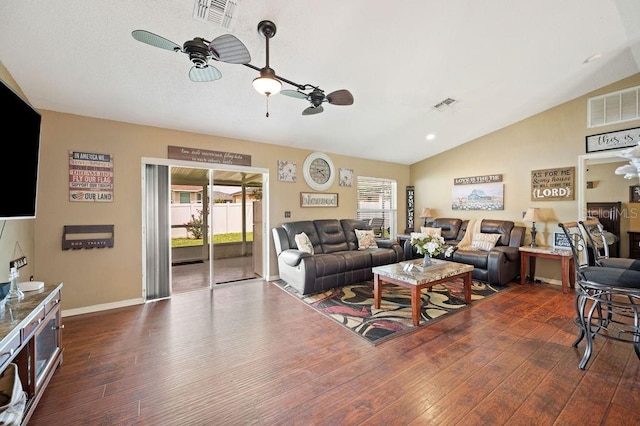 1420 Meadows Pond Dr, Bartow, FL 33830 - living area featuring a ceiling fan, lofted ceiling, and dark wood-type flooring
