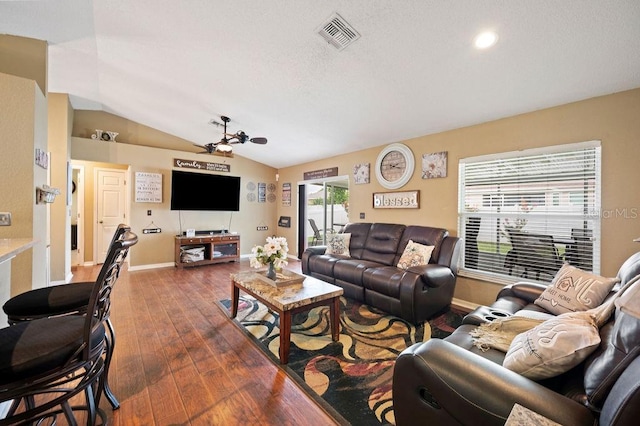 1420 Meadows Pond Dr, Bartow, FL 33830 - living room featuring hardwood / wood-style floors, lofted ceiling, and recessed lighting
