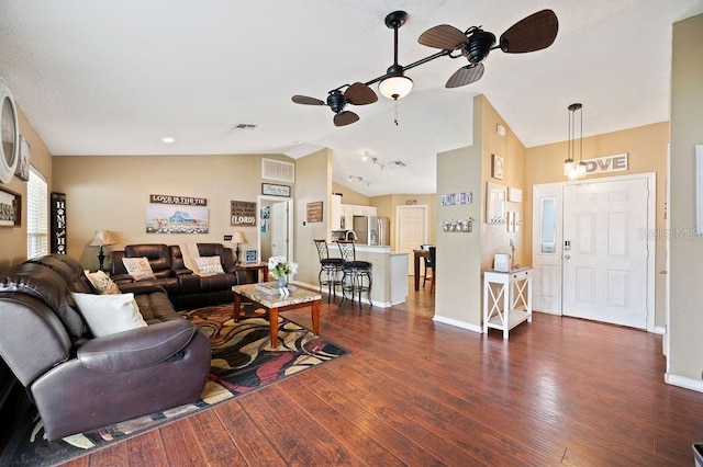 1420 Meadows Pond Dr, Bartow, FL 33830 - living area featuring ceiling fan, vaulted ceiling, and dark wood-style floors