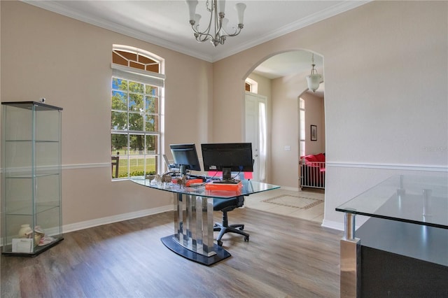 5370 Knights Station Rd, Lakeland, FL 33810 - office with arched walkways, wood finished floors, ornamental molding, and a chandelier